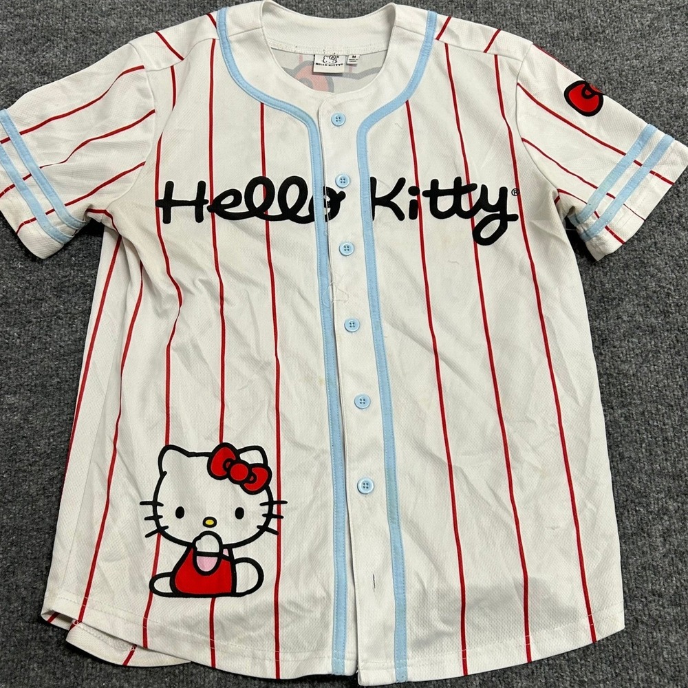 Hello Kitty Baseball Jersey Womens Size M White Red Pinstripe Graphic Button Up